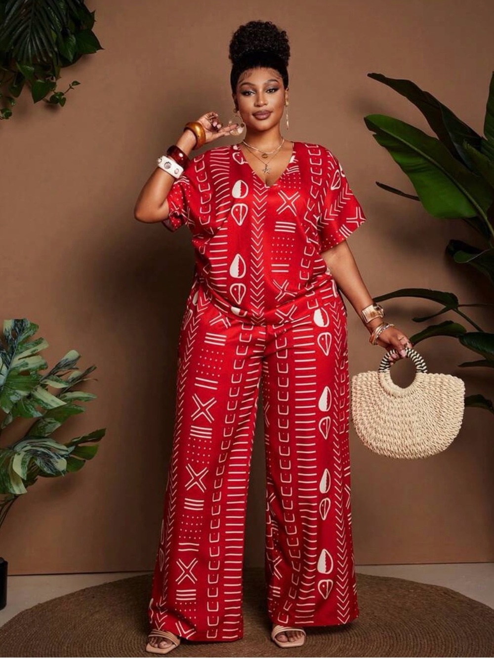 Plus-Size Red Printed Wide-Leg Jumpsuit - Picture 2 of 7